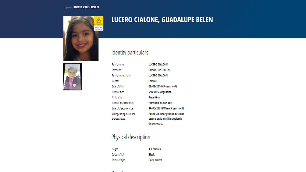 Interpol lanzó una alerta amarilla para reforzar la búsqueda de la niña Guadalupe Lucero